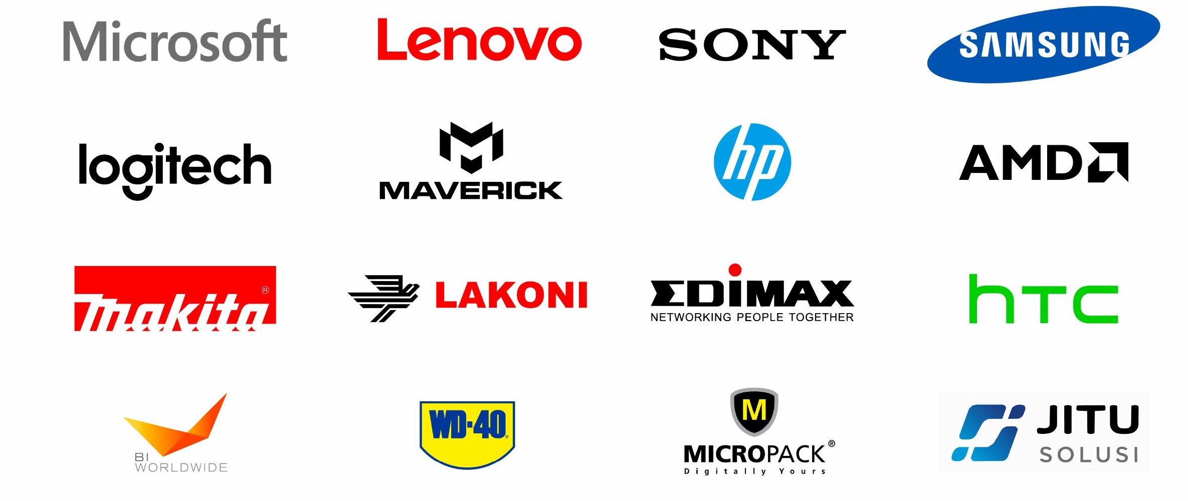 Prospero experience clients: Microsoft, Lenovo, Sony, Samsung, Logitech, Maverick, HP, AMD, Makita, Lakoni, Edimax, HTC, BI Worldwide, WD-40, Micropack, and Jitu Solusi